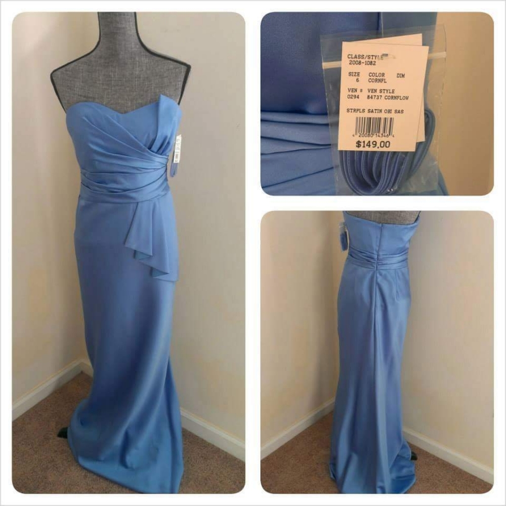 Blue Strapless Dress Spaghetti Sleeveless Train Size 6 Bridesmaid David's Bridal